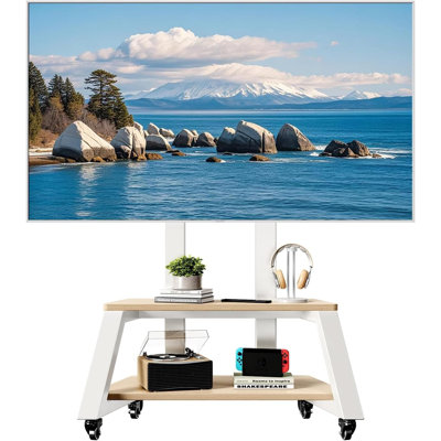 Mobile TV Stand Rolling Cart With Wheels For 32-86 Inch Tvs, Height Adjustable Heavy-Duty Design Holds 180Lbs, Double Wooden Shelves, Max VESA 600X450mm