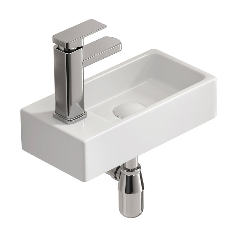 Wall-Mounted Ceramic Bathroom Sink 14.57" X 7.09" X 3.54" - White Porcelain Vessel Basin With Silver Color Faucet & Drain, Space-Saving Design For Small Bathroom, Powder Room(H8315-SET)