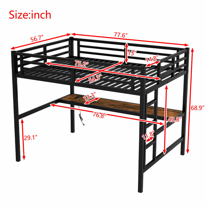 Lit mezzanine en métal avec prise de courant et éclairage à DEL, peu encombrant, réduit le bruit, Double