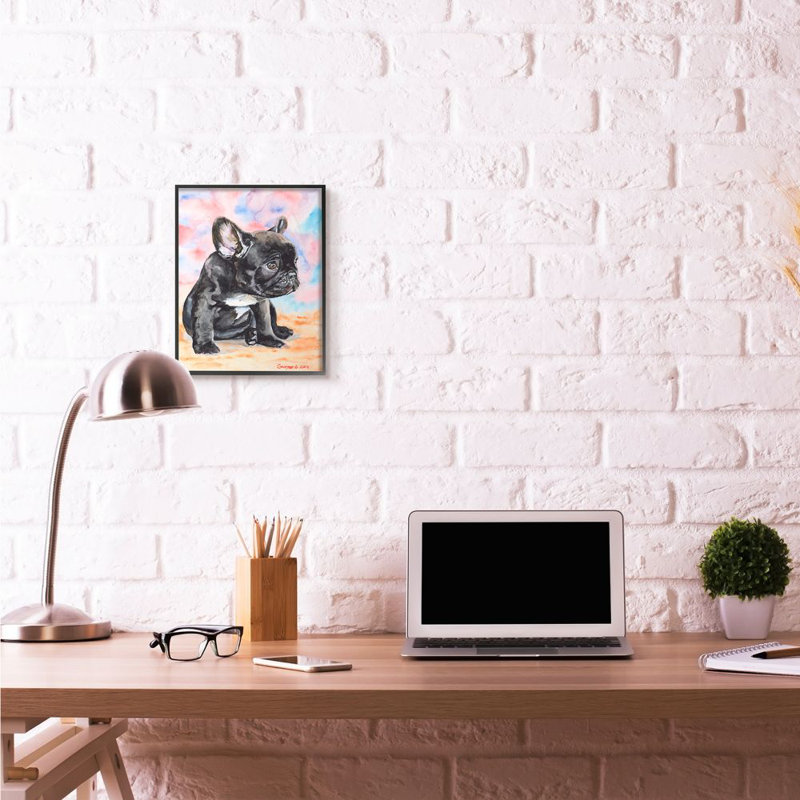 « french bouledogue chiot dog animal, peinture à l’aquarelle », impression sur toile, Giclée encadrée noir minuit