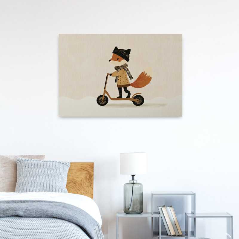 Cute Fox Winter Ride Playful Whimsical Abstract Fox Winter Forest Wall Art Print by Mathieu - Wrapped Canvas Print