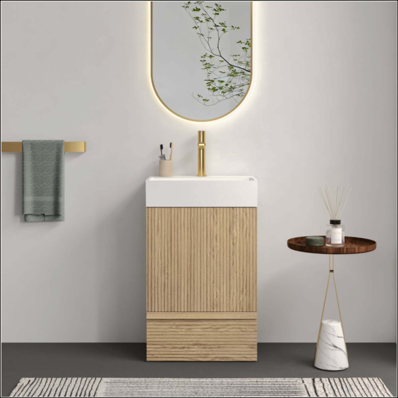 Meuble-lavabo rayé avec lavabo, armoire de salle de bain autoportante pour salle de bain moderne, lavabo une pièce sans drain et robinet, KD