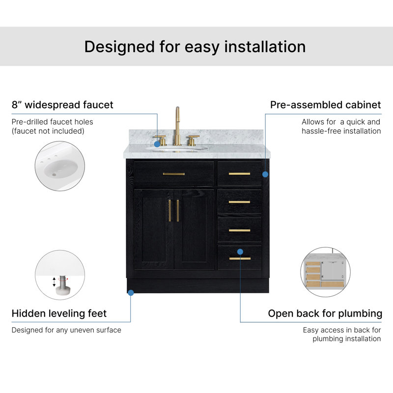 ARIEL HEPBURN 37 IN RIGHT OFFSET RECTANGULAR SINK VANITY 1,5 IN, Left, Oval, Black Oak/Satin Brass