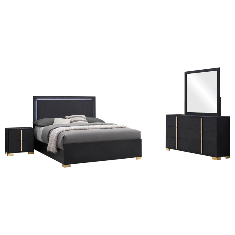 Ensemble de chambre avec grand lit 4 pièces Dex et tête de lit à DEL moderne, miroir, noir, Noir et or, Grand lit