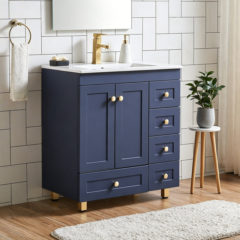 30'' Modern Free-Standing Single Bathroom Vanity With Ceramic Top, Blue/Gold