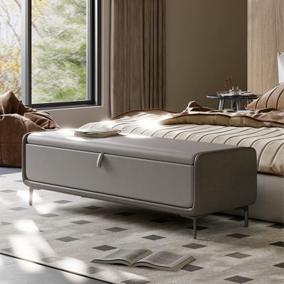 Banc de rangement minimaliste et moderne en bois massif et cuir pour chambre et salon