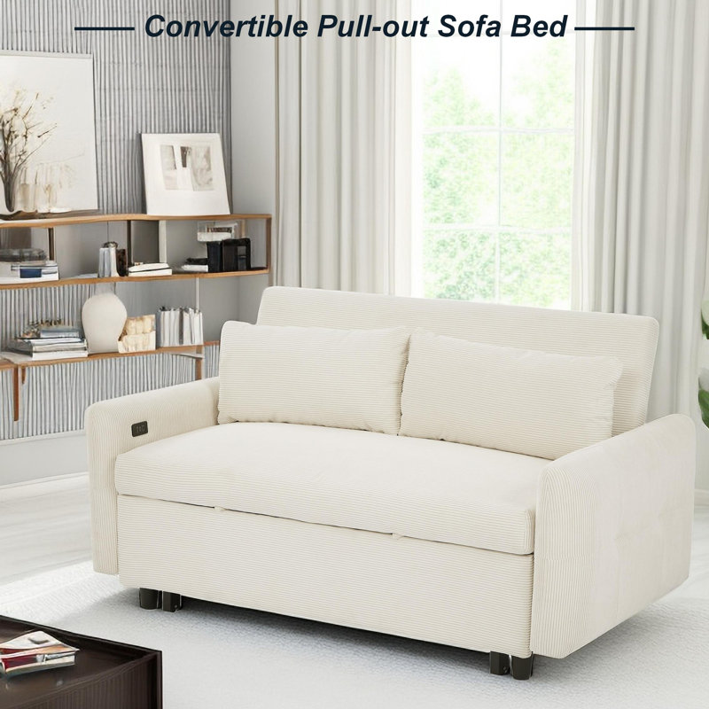 Isel 57'' Sofa Bed Sleeper Loveseat with USB Port and Two Pillows, Beige Corduroy