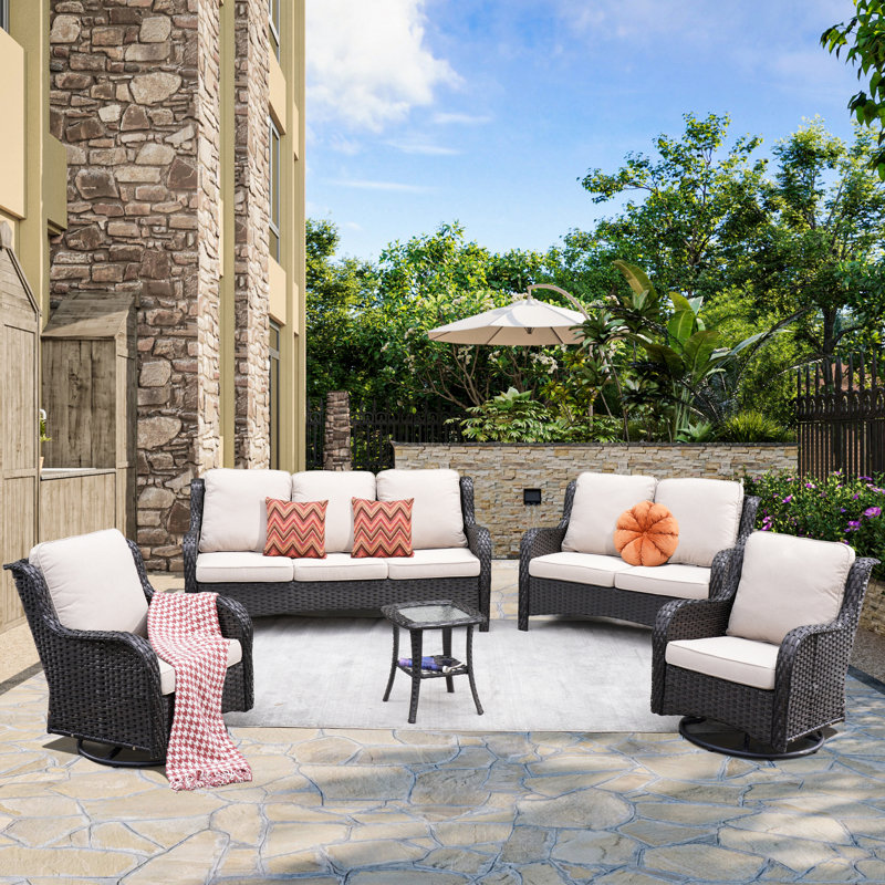 Klodjana Wood Premium All-Weather Wicker 7 - Person Patio Conversation Set with Cushions, Navy Blue, No