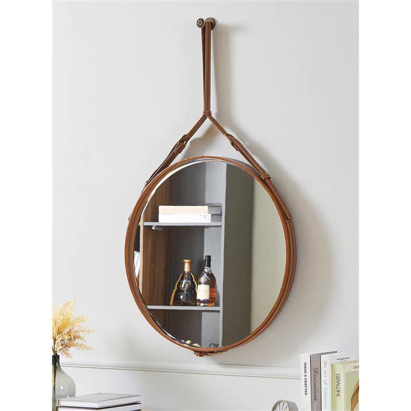 Zilda Round Leather Mirror, Black