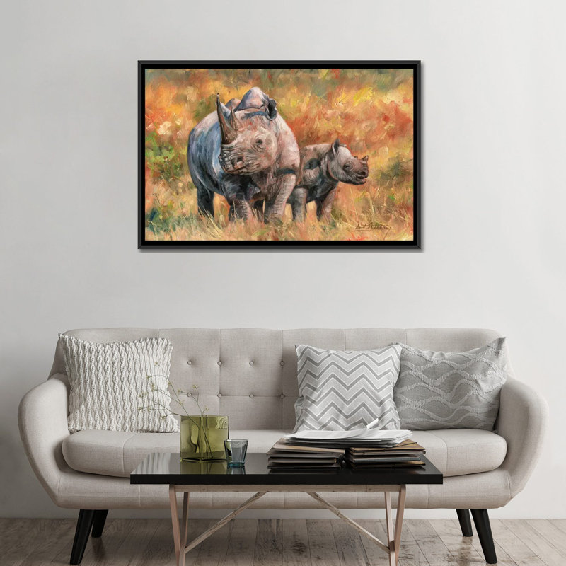 «Rhino and Baby», impression sur toile, H 18 po x l 26 po x P 1,5 po, Toile encadrée noire, Pas de tapis
