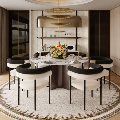 7-Piece Dining Table Set with 6 Dining Chairs, 51'' Modern Round Sintered Stone Table with Lazy Susan