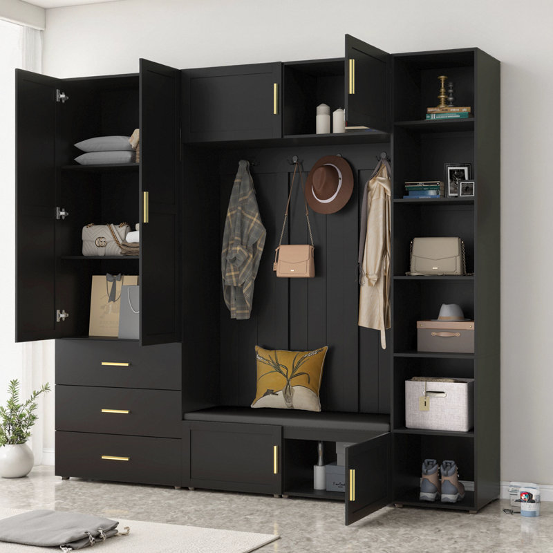 American Style 4-in-1 Hall Tree with Padded Bench – Extra-Wide Entryway Organizer, 4 Hooks & Adjustable Storage Shelves for Mudroom, Hallway