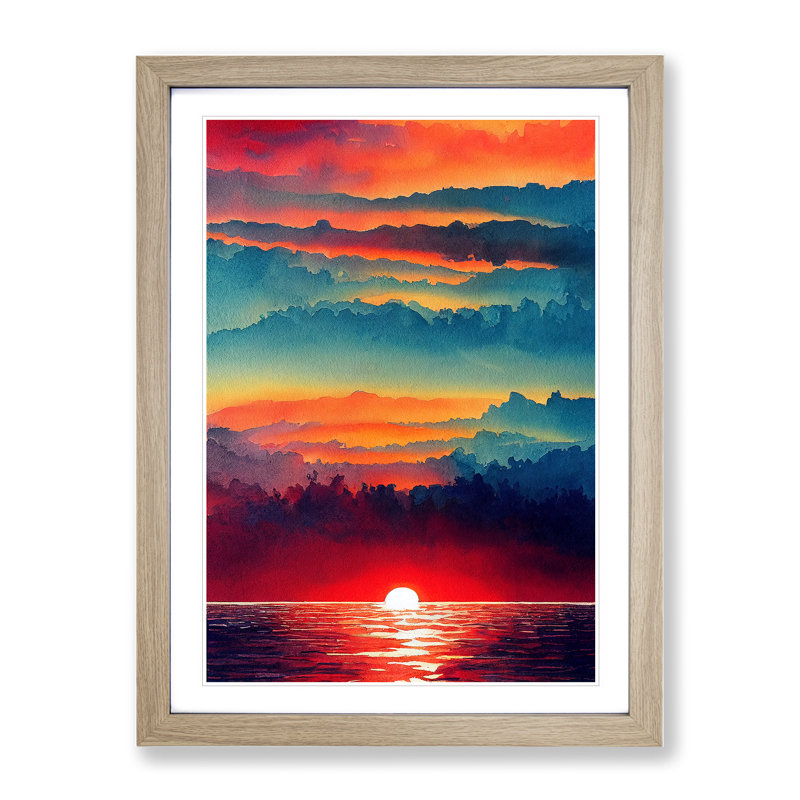 XV1022-4343X Sunset Watercolour No.2 - Single Picture Frame Print, 64cm H x 46cm W x 2cm D, Oak 