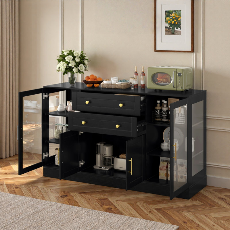 Buffet moderne avec 4 portes, 2 tiroirs, tablettes réglables, prise de courant, panneaux en acrylique et poignées en alliage d'aluminium
