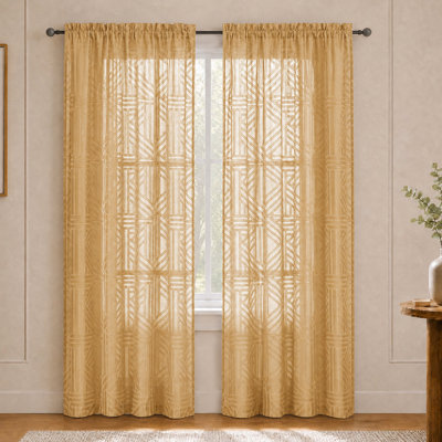 Rideaux semi-transparents dorés de 84 po de long, 2 panneaux, filtrant la lumière, jacquard géométrique, rideaux transparents texturés pour chambre à coucher, rideaux de fenêtre élégants et modernes, rideaux de 42 po x 84 po