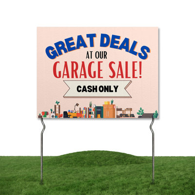 Bargains Galore – Garage Sele This Weekend! Yard Sign by DC | 24"x18" Double Sided Yard Sele Garden Sign with 13” Metal Stakes | Waterproof Signs for Lawn, Patio, Sidewalk & House | Set of 1