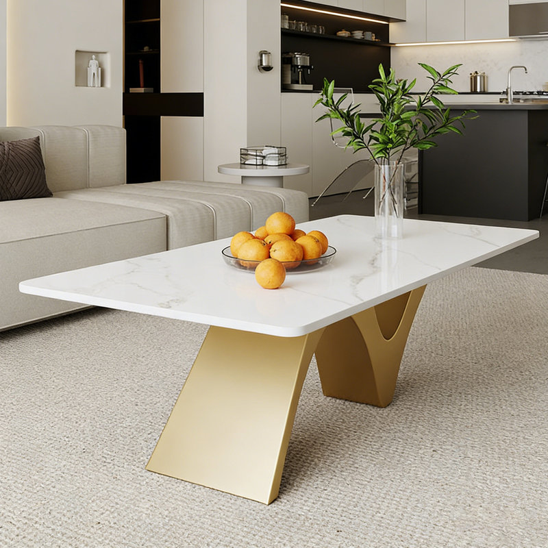 Table basse Modern, H 15,74 po x L 51,18 po x l 27,55 po, Blanc / gris clair, Doré