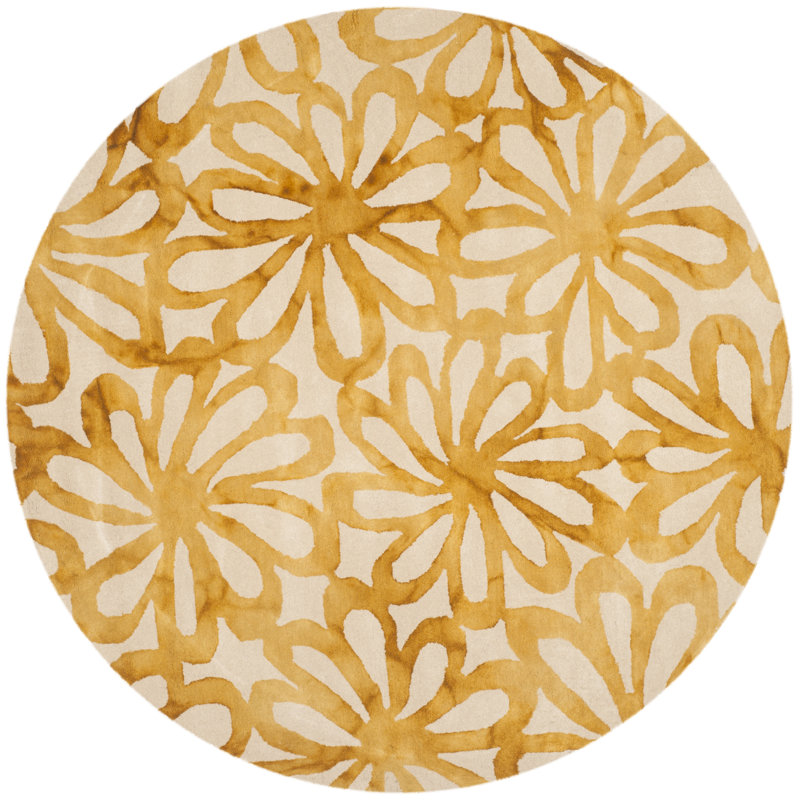 Narmada Hand Tufted Wool/Cotton Geometric Rug in Beige, Round 5'