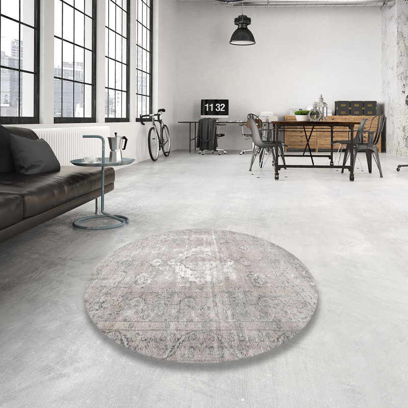Tapis contemporain gris / blanc, Rond 5 pi