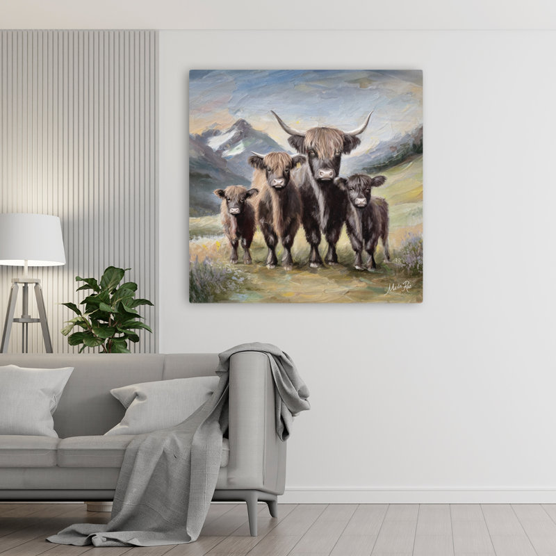 Highland Cow Family, art contemporain, H 48 po x l 48 po