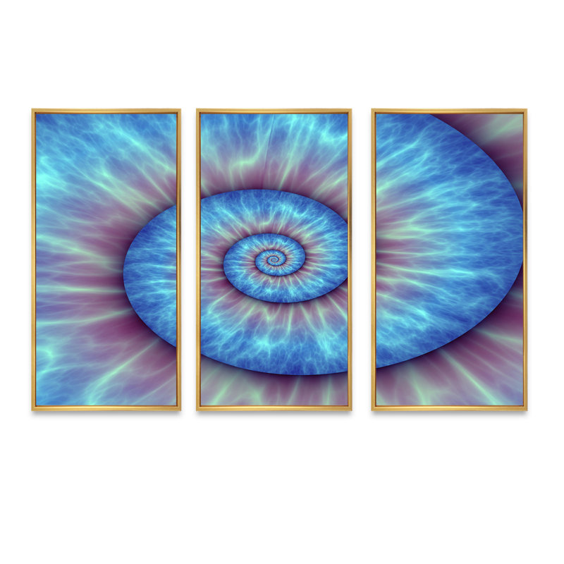 Motif de Fibonacci bleu - 3 pièces, cadre flottant, impression sur toile, H 20 po x l 36 po x P 1 po, Cadre doré