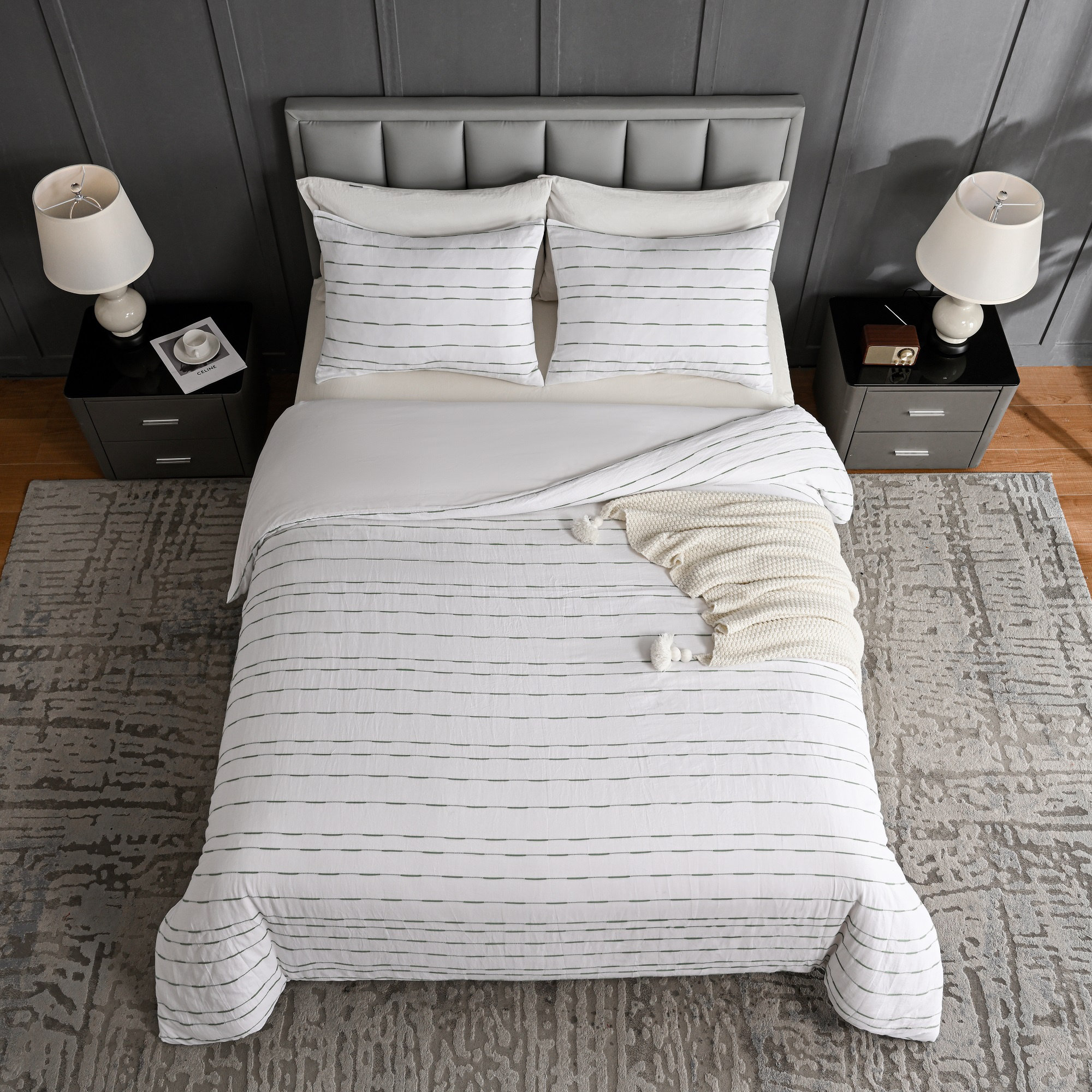 Zari Cotton Percale Duvet Cover Set, White/Green, Queen Duvet Cover + 2 Shams