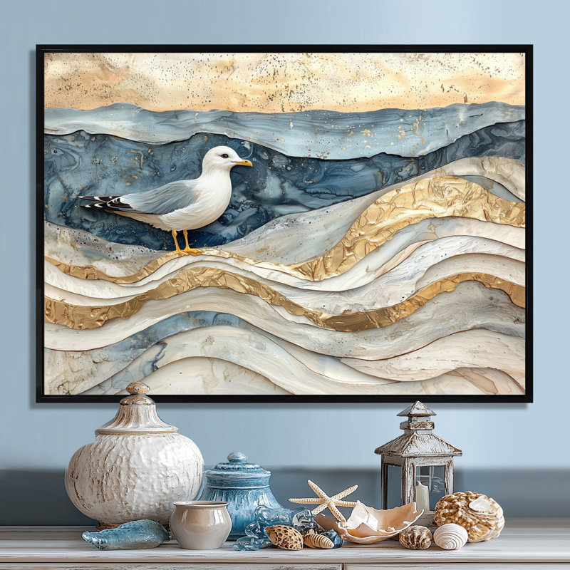 Mouette moderne en marbre sur la plage - Art mural de mouette pour le salon, H 12 po x l 20 po, Noir