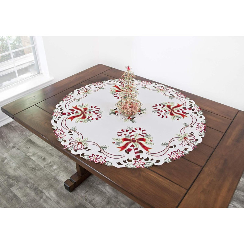 Julyus Candy Cane and Holly Leaves Round Doily, 33" Round