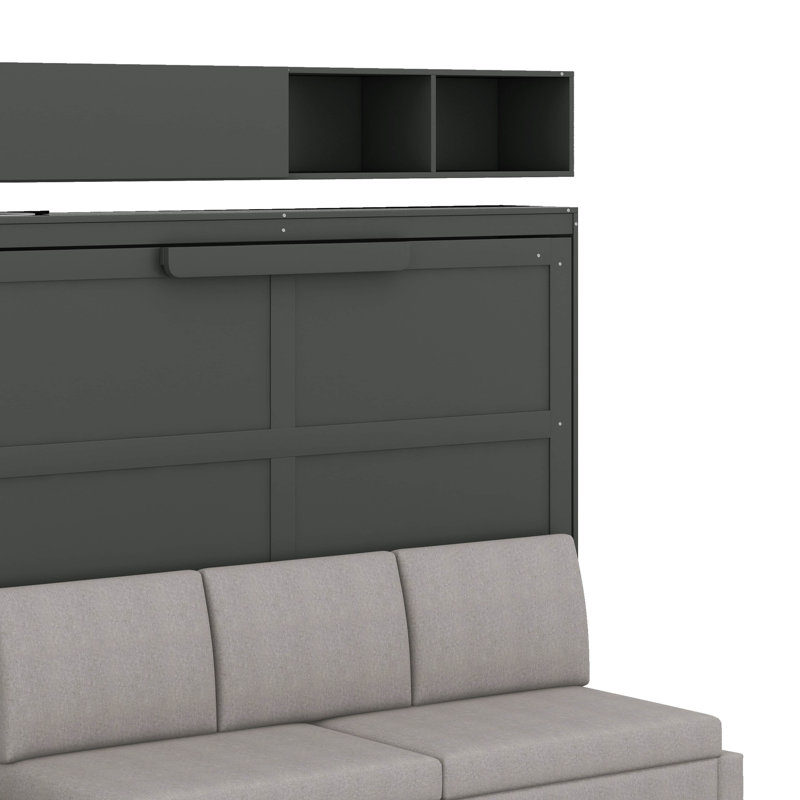 Lit escamotable mural Murphy avec canapé, tablettes, USB et lumière, Gris, Grand lit