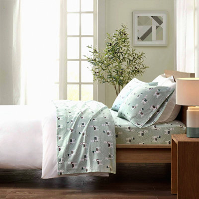 Cozy Llama Flannel Sheet Set - Queen Size - Ultra Soft Novelty Print Bedding - Cold Weather Warmth - Seafoam Themed - 4 Piece