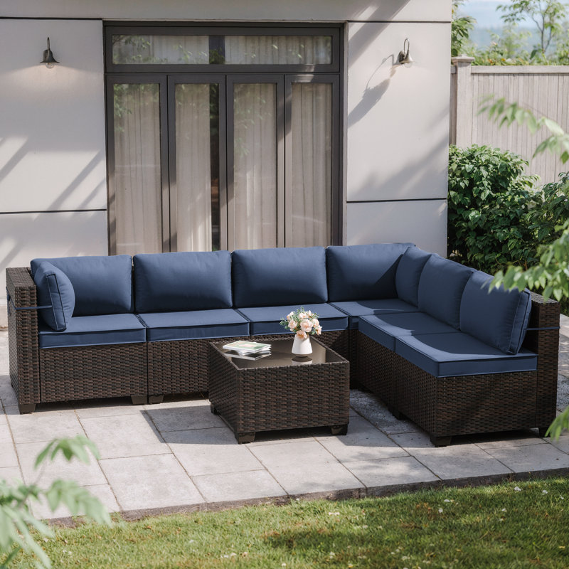 Canapé modulaire en osier 7 pièces en forme de L 7 pièces avec coussin, Marine