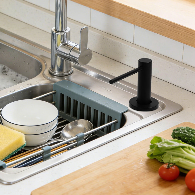 Distributeur de savon de cuisine de 500 ml (17 oz) avec long bec et pompe à savon à fixer sur l'évier, doté d'une tête de pression en acier inoxydable, pour la cuisine et la salle de bain.