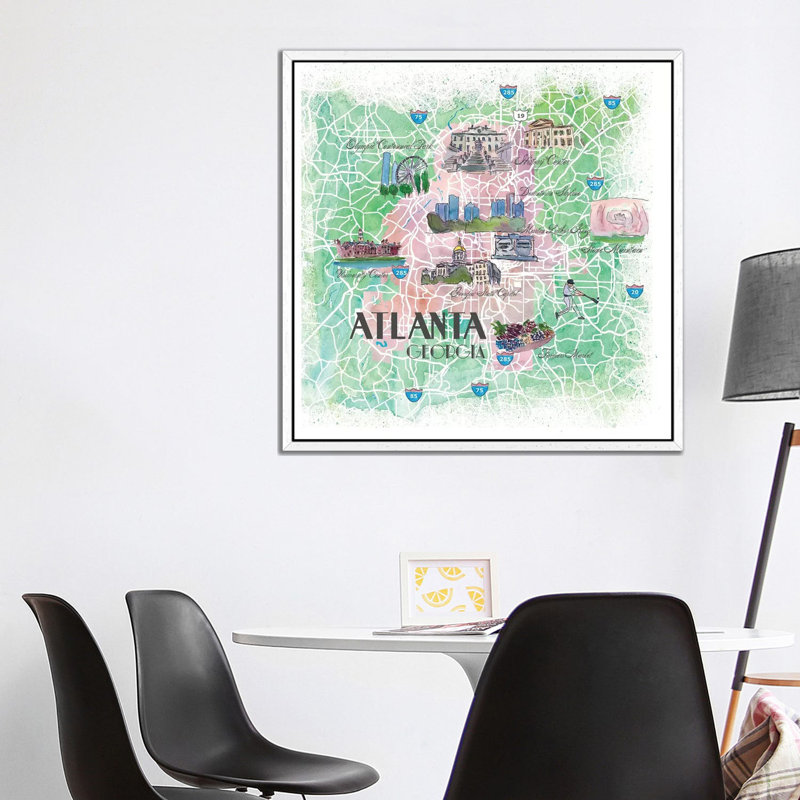 Atlanta Georgia USA Illustrated Map 1 Piece Painting on Canvas, 93.98cm H x 93.98cm W x 3.81cm D, White Floater Framed