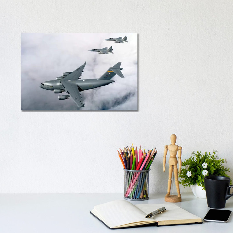 F-15B Eagles Escort the First Hawaii-Based C-17 Globemaster III to Its Home II 1 Piece Wrapped Canvas Wall Art