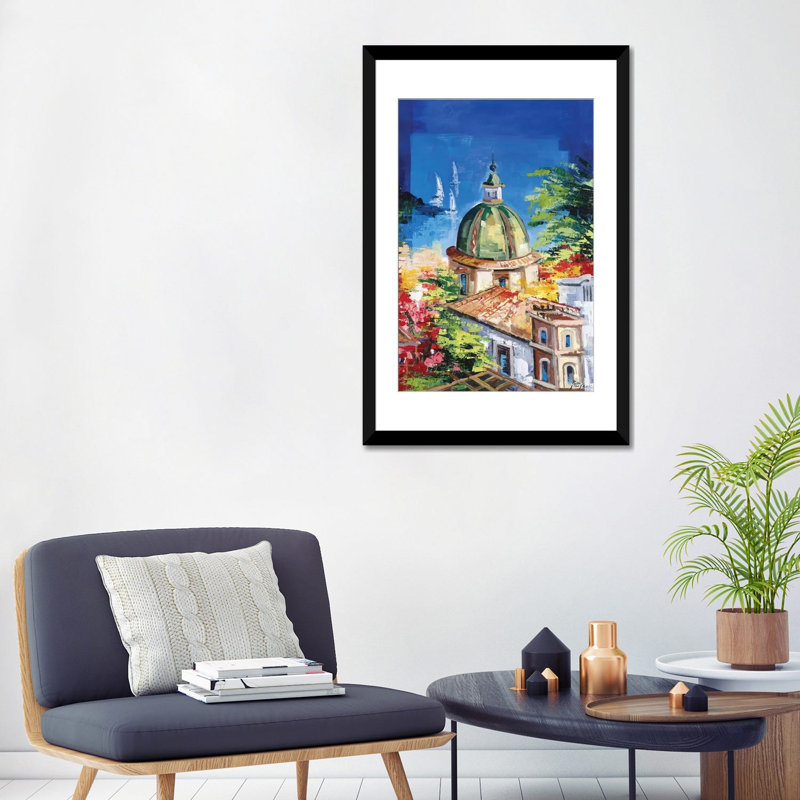 « positano », reproduction sur toile, Papier d'art encadré noir, Blanc, H 32 po x l 24 po x P 1 po