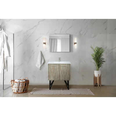 Meuble-lavabo rustique 30 po L, P 20 po, surface en quartz blanc, robinet en nickel brossé et miroir suspendu pleine grandeur de 28 po avec comptoir à teinture, panneau mural de salle de bain