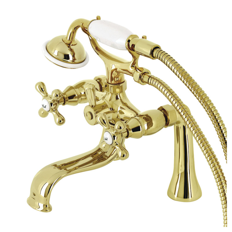 Kingston Brass Kingston Three-Handle 2-Hole Deck Mount Clawfoot Tub Faucet with Handshower, Polished Brass