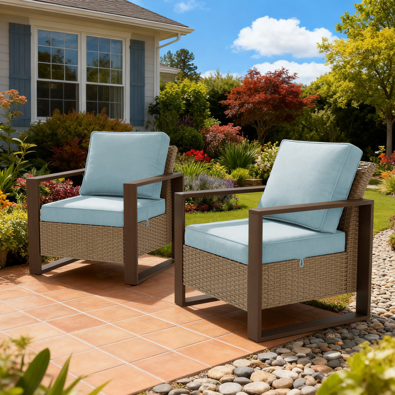 2 Pieces Patio Wicker Chairs Set, Outdoor Conversation Chairs Set With Removable Cushions & Wood-looking Metal Armrest For Garden, Backyard, Porch, Deck