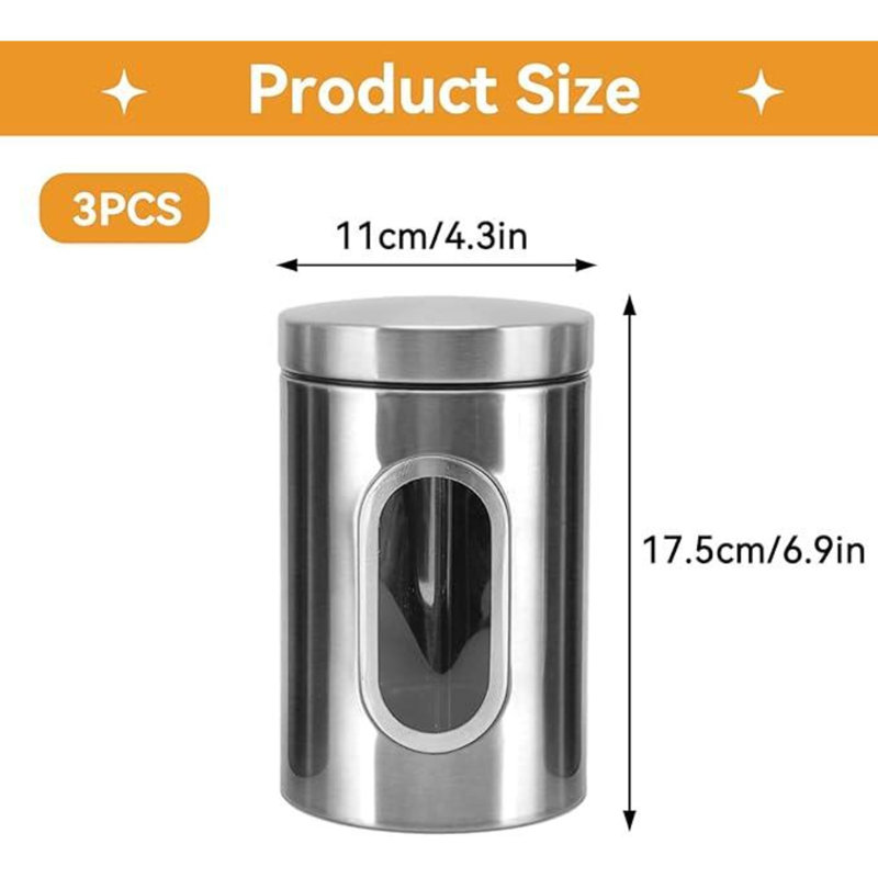 Set of 3 Stainless Steel Kitchen Canister Set Coffee Tea Sugar Storage Jars Pots
