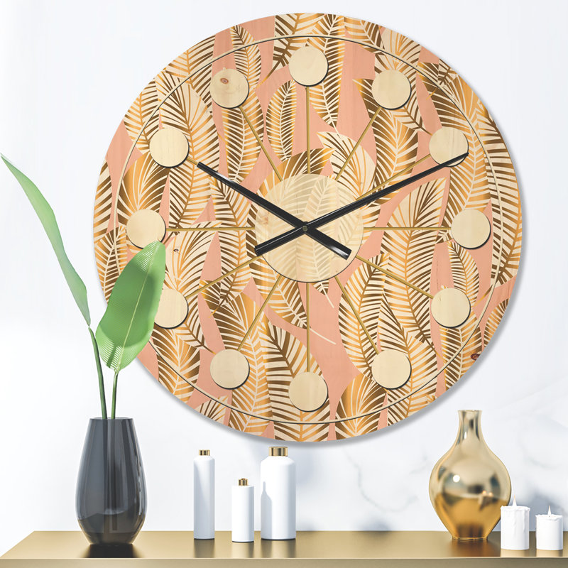 Horloge murale Mid-Century, Petit, Golden Palm Leaves I