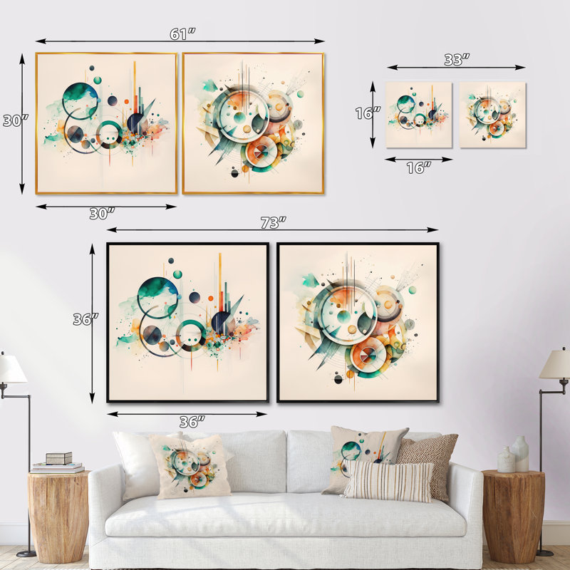 Aquarelle multicolore géométrique II - ensemble de 2 collages de formes abstraites, Cadre flottant noir, H 16 po x l 33 po