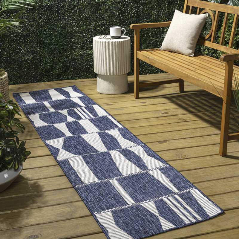 Tapis d'intérieur / extérieur bleu / crème Olesia, Tapis de couloir 2 pi x 7 pi 10 po