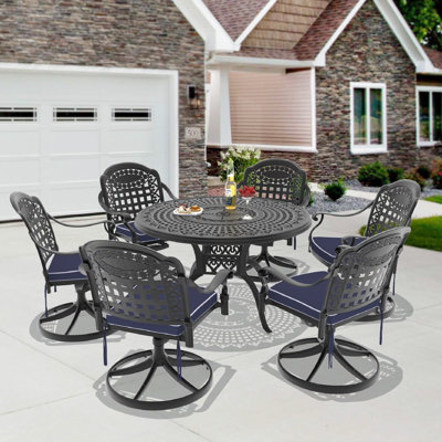 7-Piece 47.24" Round Outdoor Dining Set with Umbrella Hole, 6 Swivel Chairs, Blue Cushions