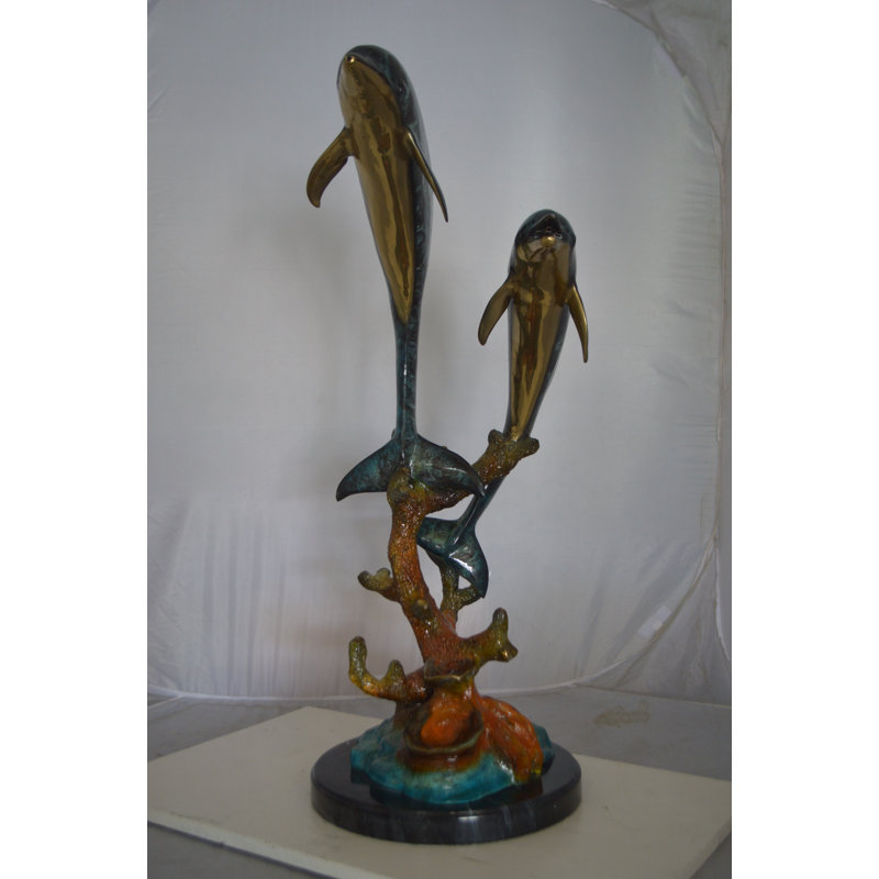 Bronze Two Dolphins fountain Bronze Statue on a marble -  Size: 19"L x 15"W x 36"H.