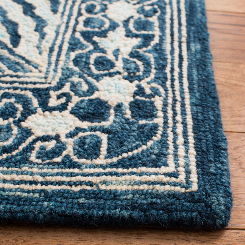 Tapis bleu marine / bleu clair en laine Rubalcava, Rectangulaire 3 pi x 5 pi