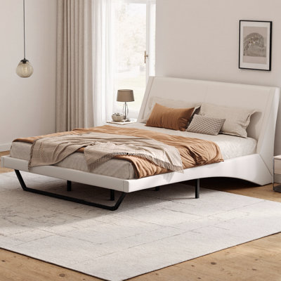Queen Size Upholstered Platform Bed Frame, PU Leather with Wave-Like Curved Design & Trapezoidal Legs, No Box Spring Needed, Modern Minimalist Style with Silent Slats