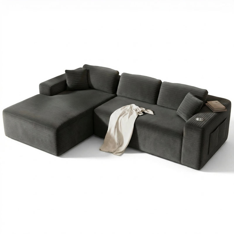 Boneless 108" Cloud Modular Sectional Sofa With Chaise, Deep Seat Corduroy Boneless Couches With 4 Storage Pockets & Tray