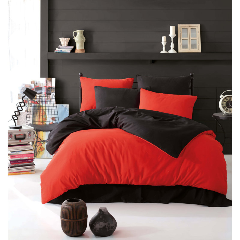 Ensemble de housse de couette 4 pièces en mélange de coton rouge / noir Foelke