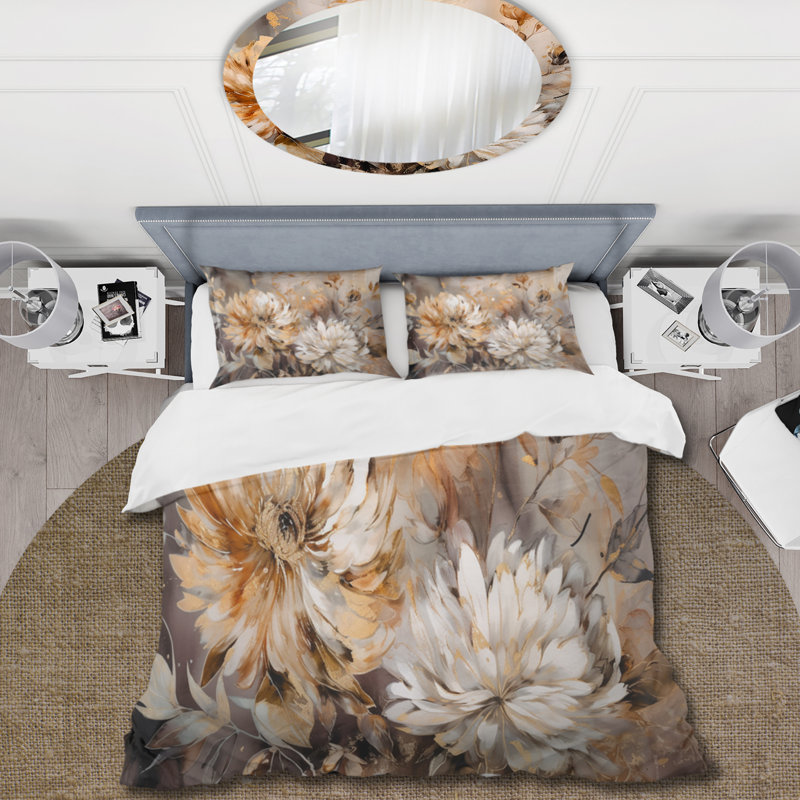 Ensemble de housse de couette en microfibre / polyester doré et blanc, Housse de couette pour grand lit et 2 taies décor