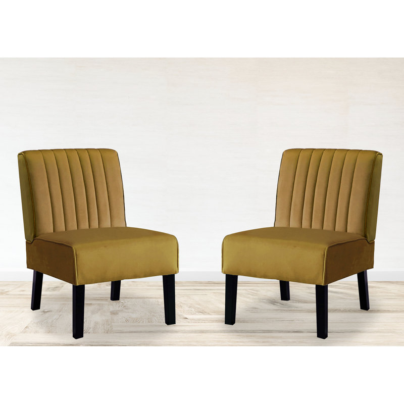 Chaise d'appoint Mid-Century moderne, 2 pièces, jaune, revêtement en velours, chambre à coucher 2 en bois massif, velours jaune, pieds, attrait charmant